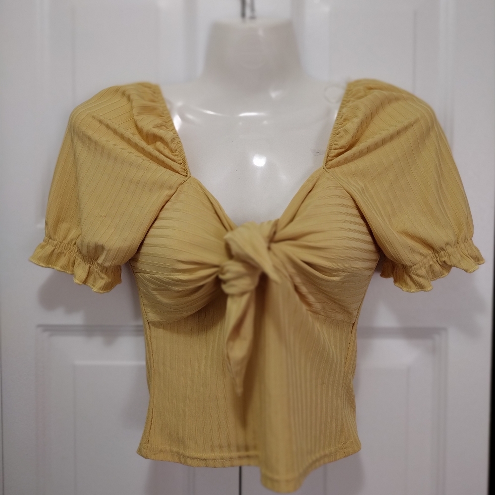Fashion Nova Twist Tie Front Ribbed Cropped Blouse Butterscotch Yellow Small